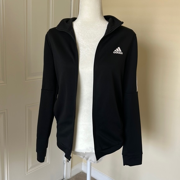 M Medium ADIDAS Stripes Hoodie Jacket Zip Up Black Sports Activewear - Picture 1 of 5